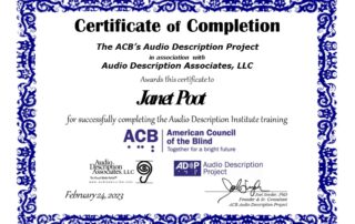 Janet's audio description certificate.