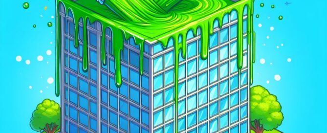 Cartoon of office building being covered in bright green paint