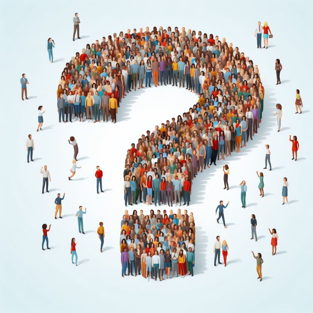 Cartoon of a diverse group of people forming a question mark
