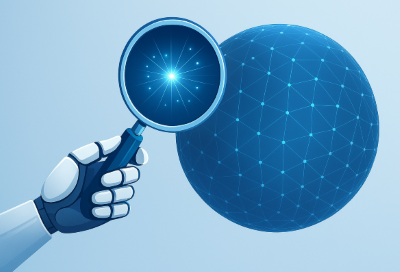 Een robothand met een vergrootglas