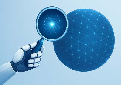 Een robothand met een vergrootglas