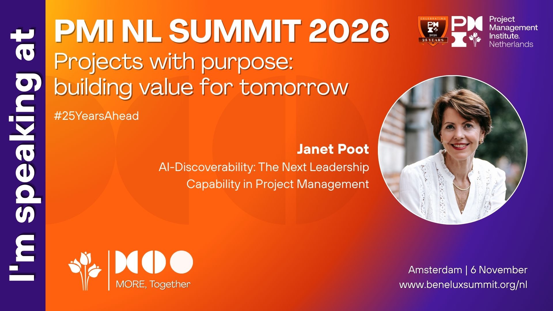Aankondiging van Janet Poot als spreker tijdens het PMI Summit op 6 november 2026