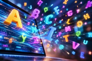 Kleurrijke letters vliegen door een computer scherm